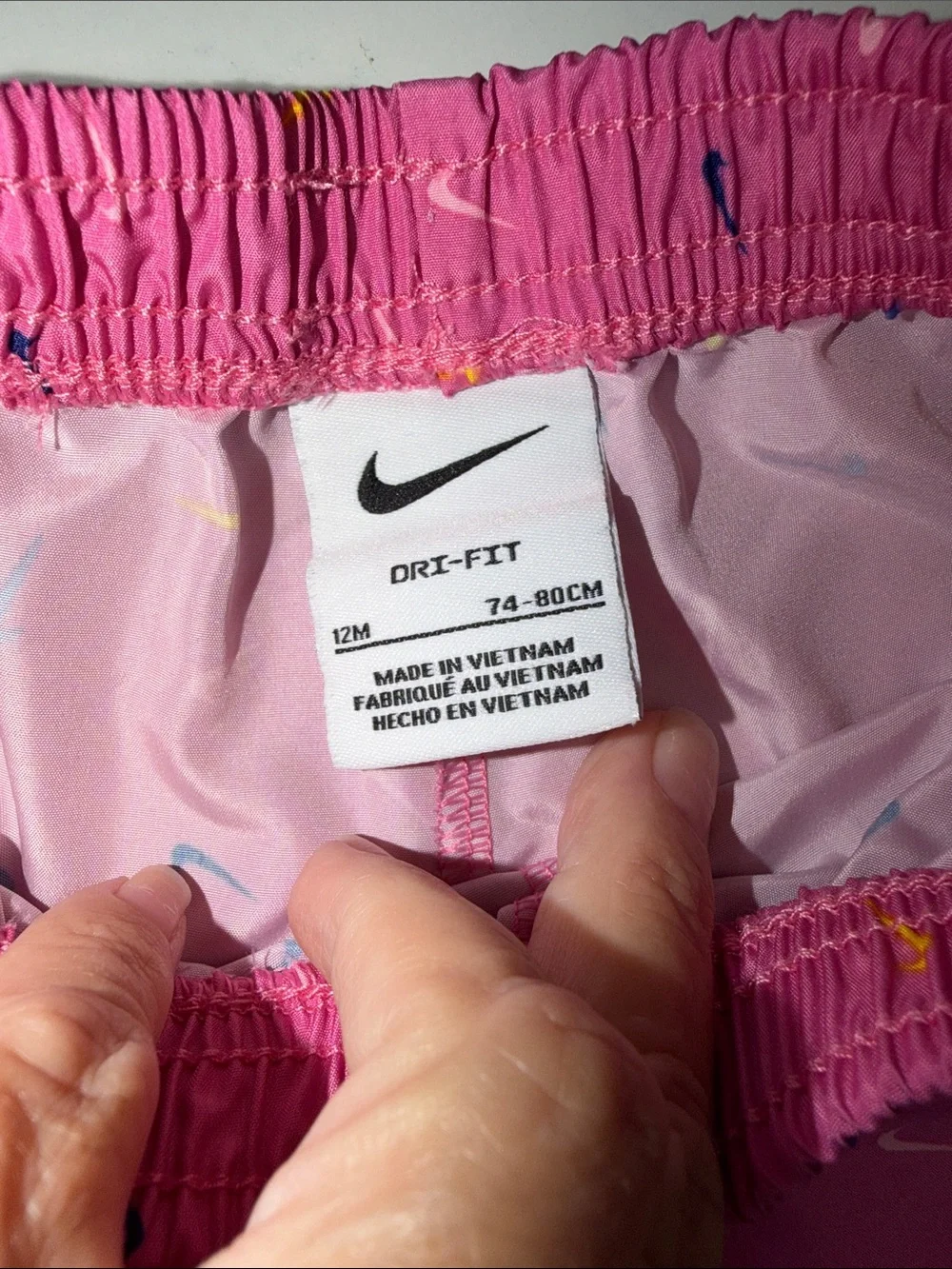 Nike Pink Girls' Shorts with Blue Panels and Multi-Color Swooshes